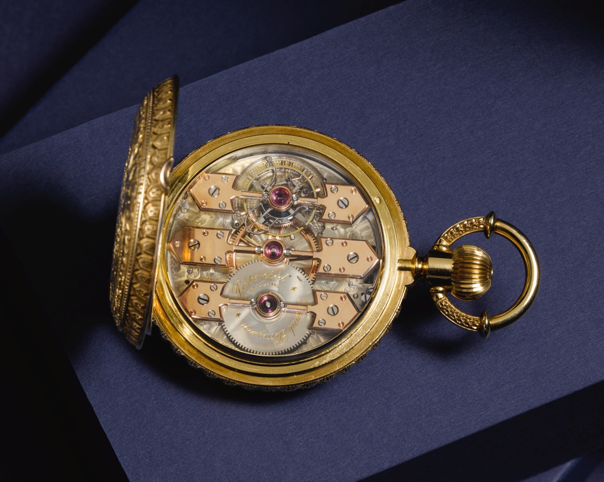 Girard-Perregaux, Chaux-de-Fonds, Gold Hunting Cased Keyless One-minute Tourbillon Watch with Pivoted Detent Chronometer Escapement, Circa 1890, Three Bridge Tourbillon