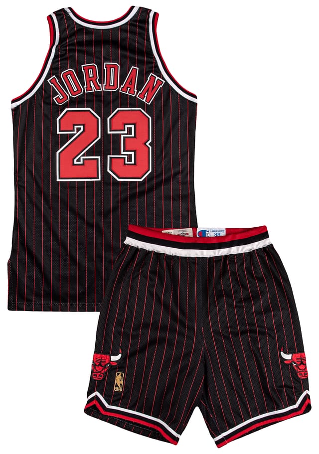 1996-97 Michael Jordan Chicago Bulls Game-Used, Photo-Matched, Black Alternate Road Uniform (Jersey and Shorts) with NBA 50th Anniversary Gold Logoman
