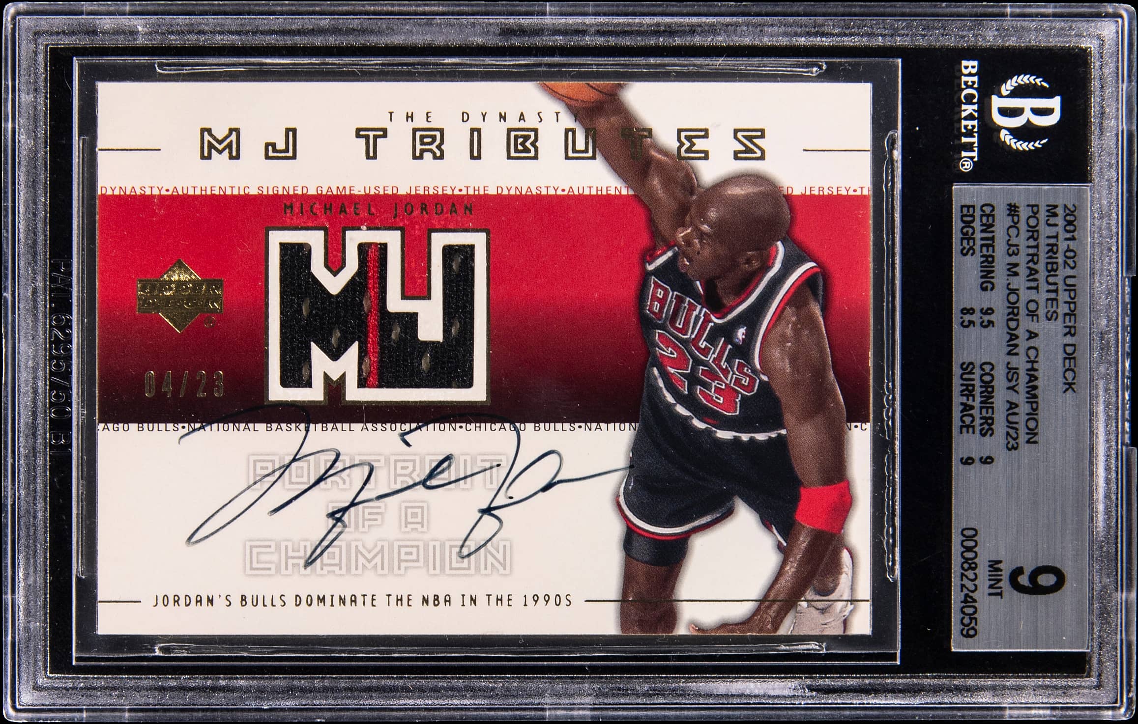 2001-02 Upper Deck MJ Tributes Portrait of a Champion Jersey Autograph #PCJ3 Michael Jordan Signed Relic Card (#04/23) - BGS MINT 9, Beckett 10