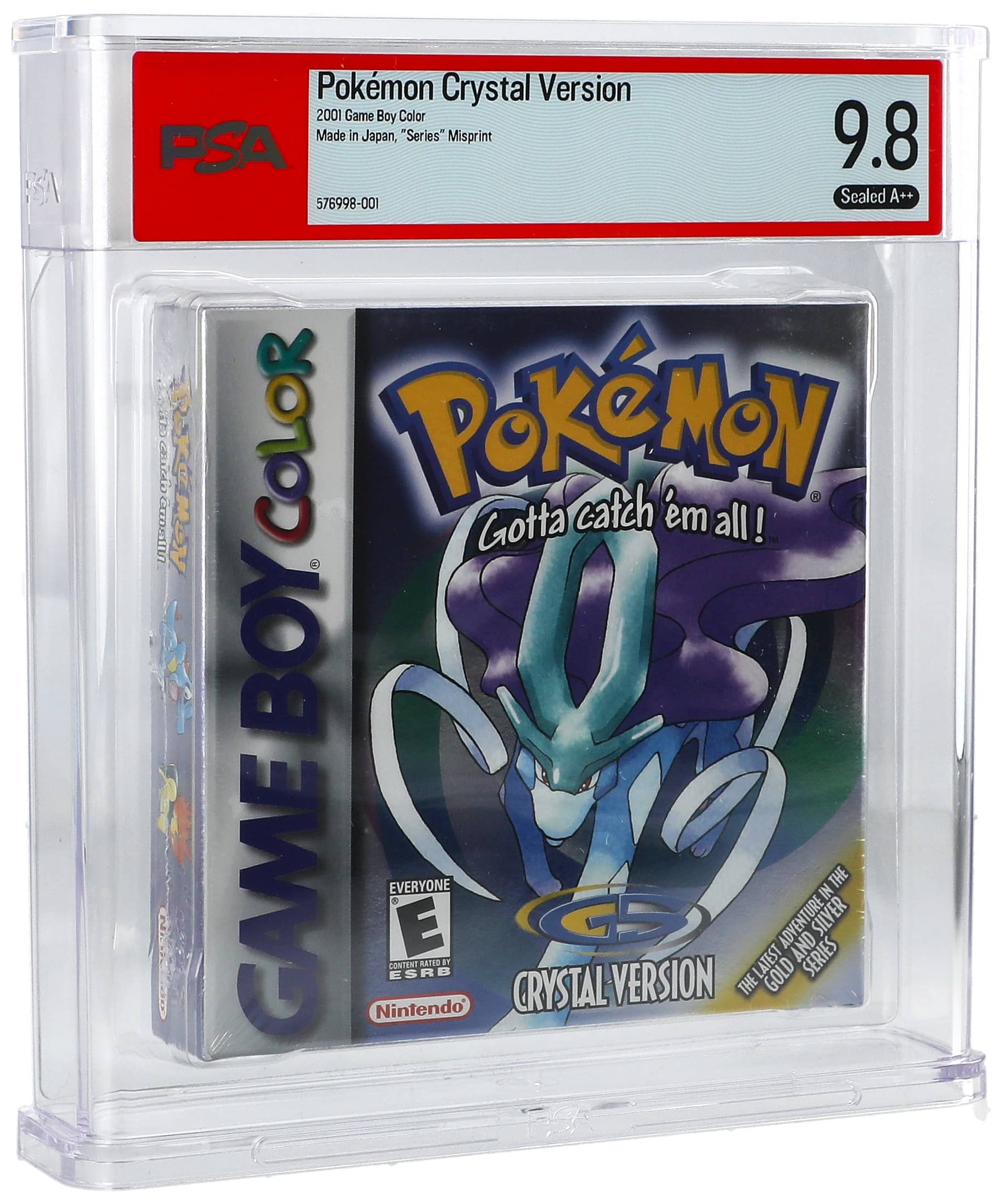 2001 GBC Nintendo Game Boy Color Pokemon Crystal Version (USA) Sealed Video Game - Made in Japan, "Series" Misprint, E Rating, Y-Fold Box (USA Code) - PSA 9.8/A++ - Pop 7