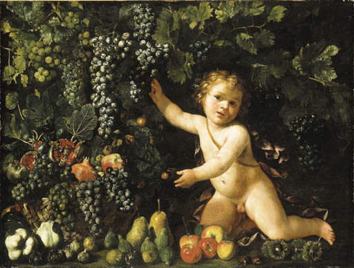 Grapes on the vine, pomegranates, grapes and rosehips in a basket, with figs, apples, pears and chestnuts by a putto
