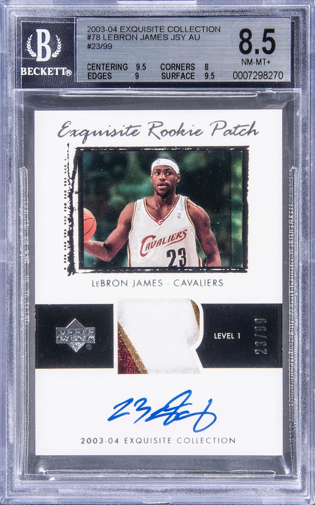 2003-04 UD "Exquisite Collection" Exquisite Rookie Patch Autograph (RPA) #78 LeBron James Signed Patch Rookie Card (#23/99) BGS 10