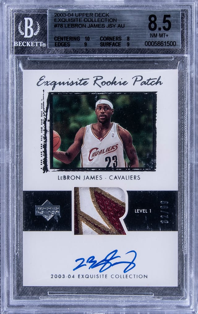 2003-04 UD "Exquisite Collection" Exquisite Rookie Patch Autograph (RPA) #78 LeBron James Signed Patch Rookie Card (#32/99) BGS 10