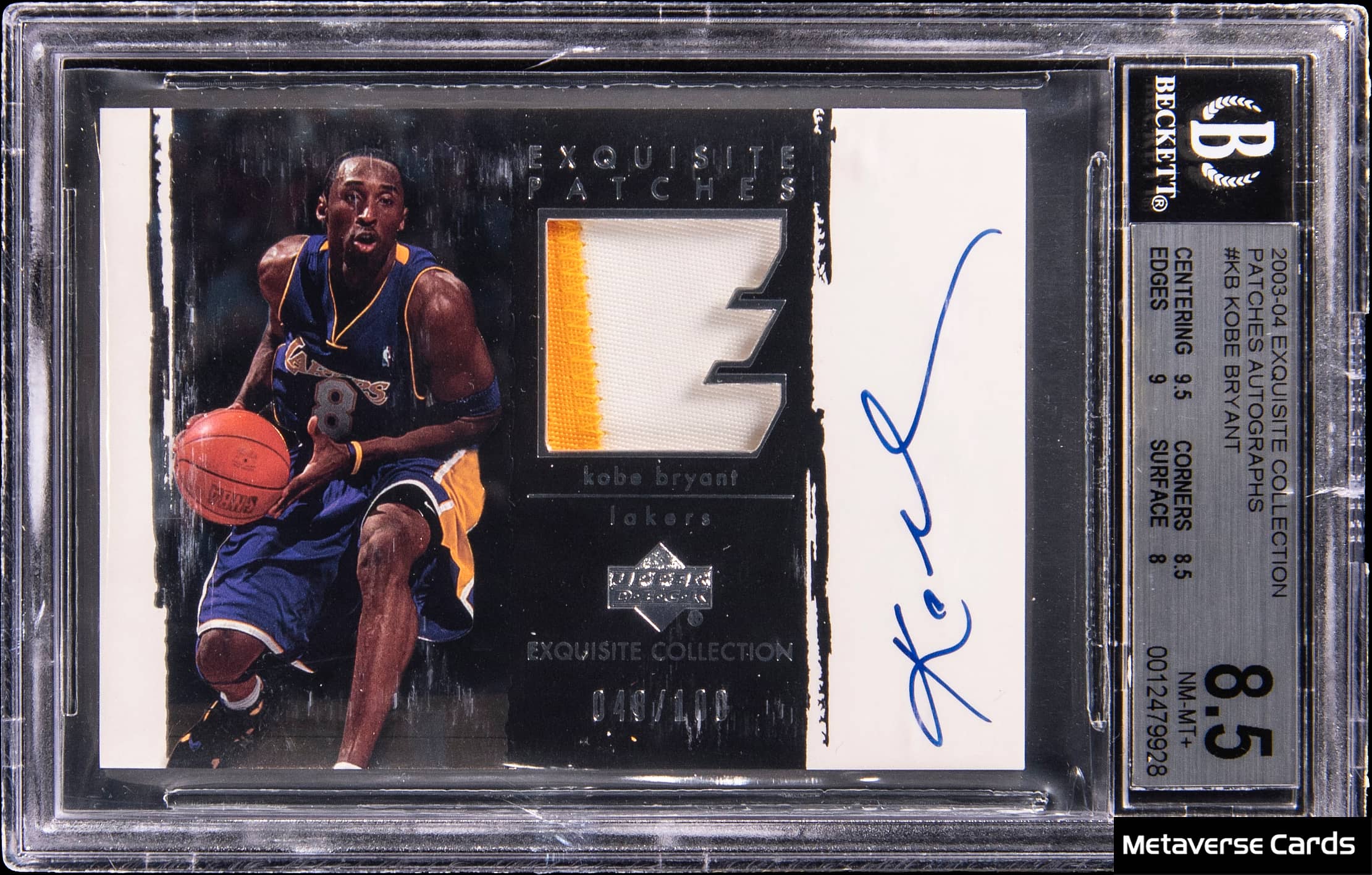 2003-04 Upper Deck Exquisite Collection Patches Autographs #AP-KB Kobe Bryant Signed Game-Used Patch Card (#048/100) - BGS NM-MT+ 8.5, Beckett 10