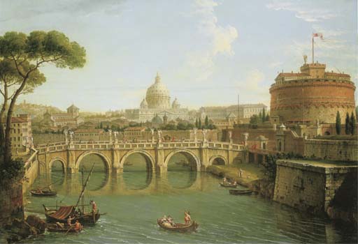 Rome, a view of the Tiber looking downstream with the Castel and Ponte Sant' Angelo, Saint Peter's Basilica and the Vatican, Santo Spirito in Sassia and the Janiculum beyond