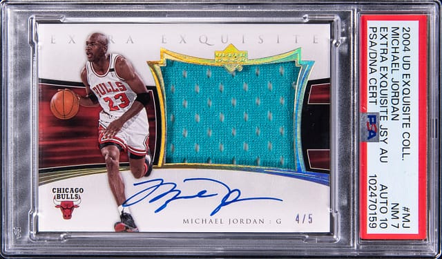 2004-05 Upper Deck Exquisite Collection Extra Exquisite Jersey Autographs #AEE-MJ Michael Jordan Signed Game-Used Relic Card (#4/5) PSA 7