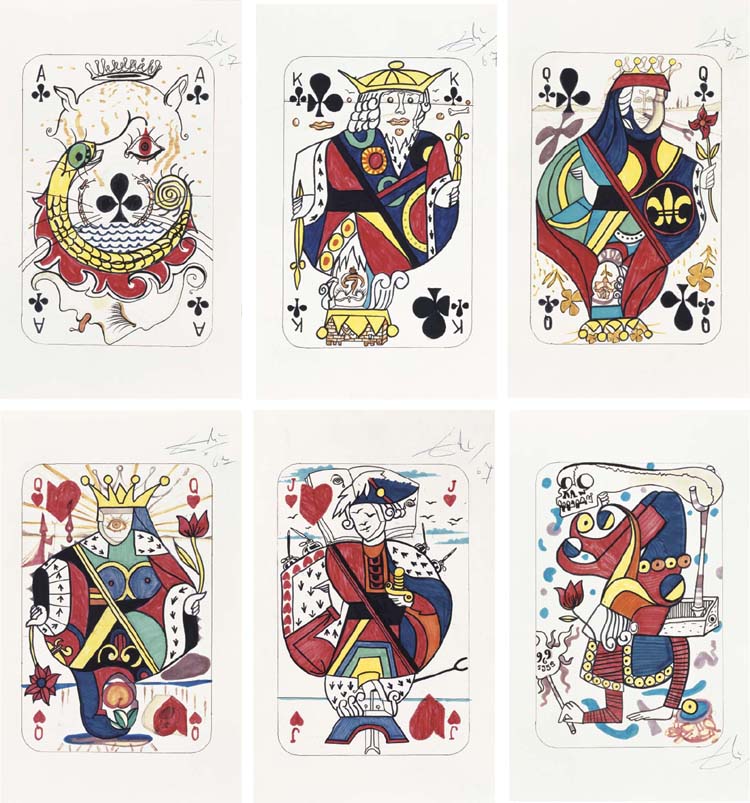 Six dessins de cartes à jouer i) L'As de Trèfles ii) Le Roi de Trèfle iii) La Reine de Trèfles iv) La Reine de Coeurs v) Le Valet de Coeurs vi) Le Joker