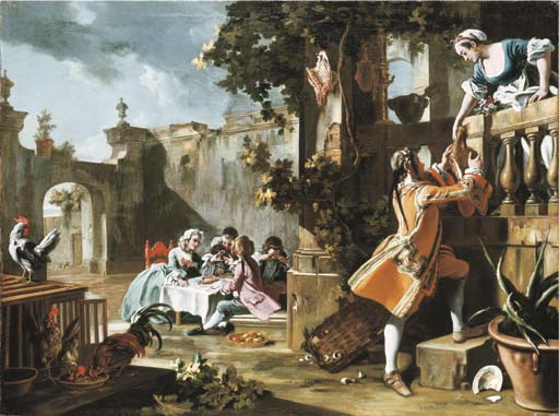 An elegant children's tea-party in the forecourt of an Italian villa with a young man passing a joint of meat to a woman standing on a balcony above