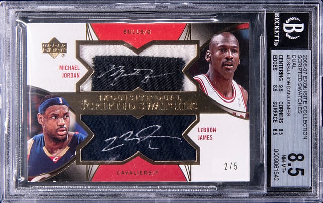 2006-07 Upper Deck Exquisite Collection Scripted Swatches Dual #DSS-JJ Michael Jordan/LeBron James Dual-Signed Game-Used Patch Card (#2/5) - BGS 8.5, Bec