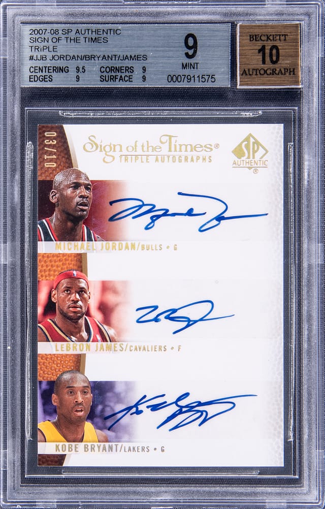 2007-08 Upper Deck SP Authentic "Sign Of The Times" Triple #JJB Michael Jordan/LeBron James/Kobe Bryant Multi-Signed Card (#03/10) BGS 10