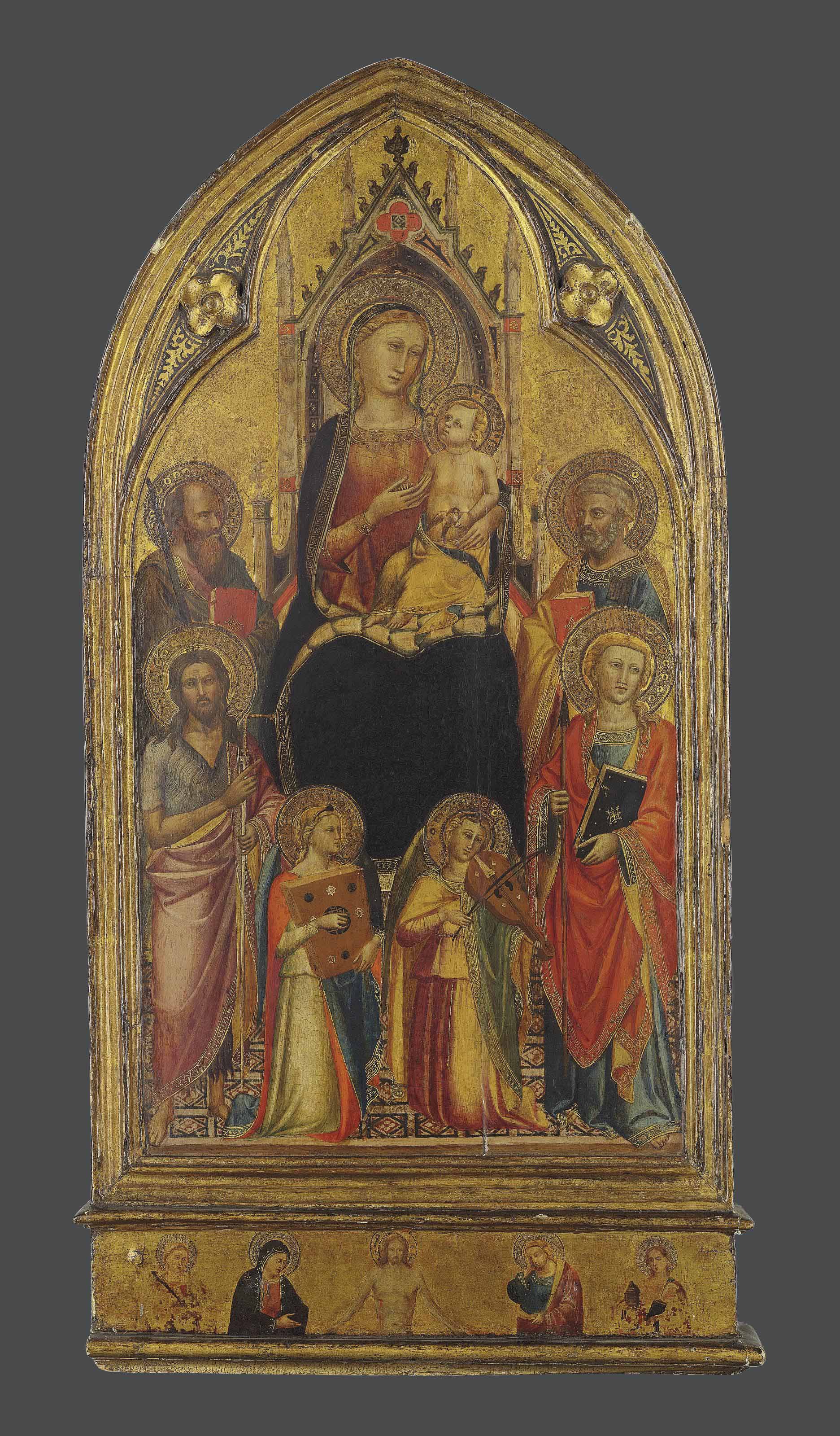 The Madonna and Child enthroned, with Saints John the Baptist, Paul, Peter and Thomas, and musical angels; the predella: Christ as the Man of Sorrows, flanked by the Virgin Mary, Saint John the Evangelist and two female martyr saints