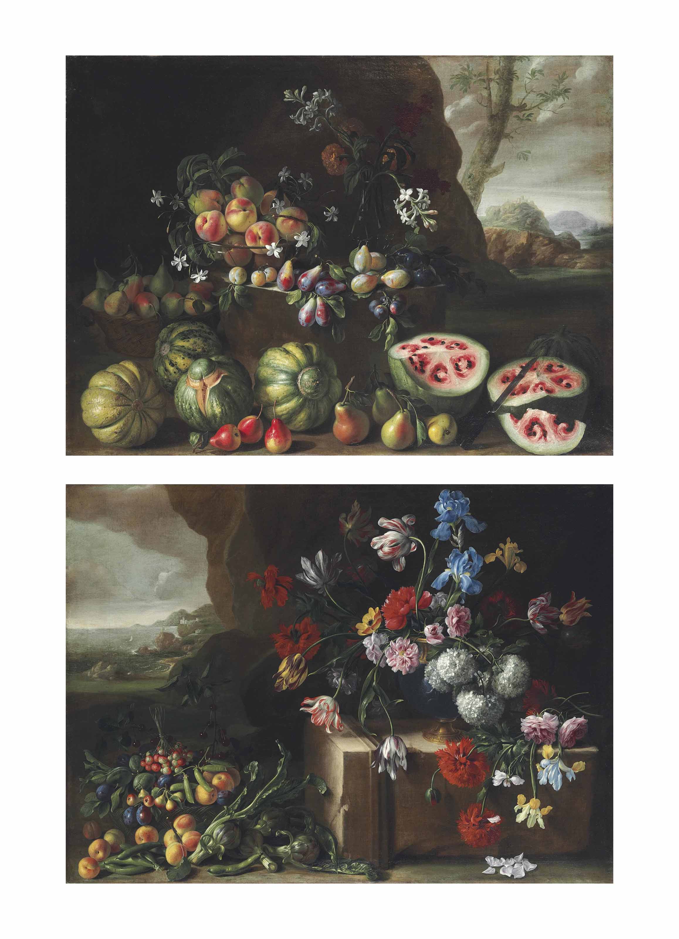 Watermelons, peaches, pears and other fruit in a landscape; and Chrysanthemums, tulips, irises and other flowers and fruit in a landscape