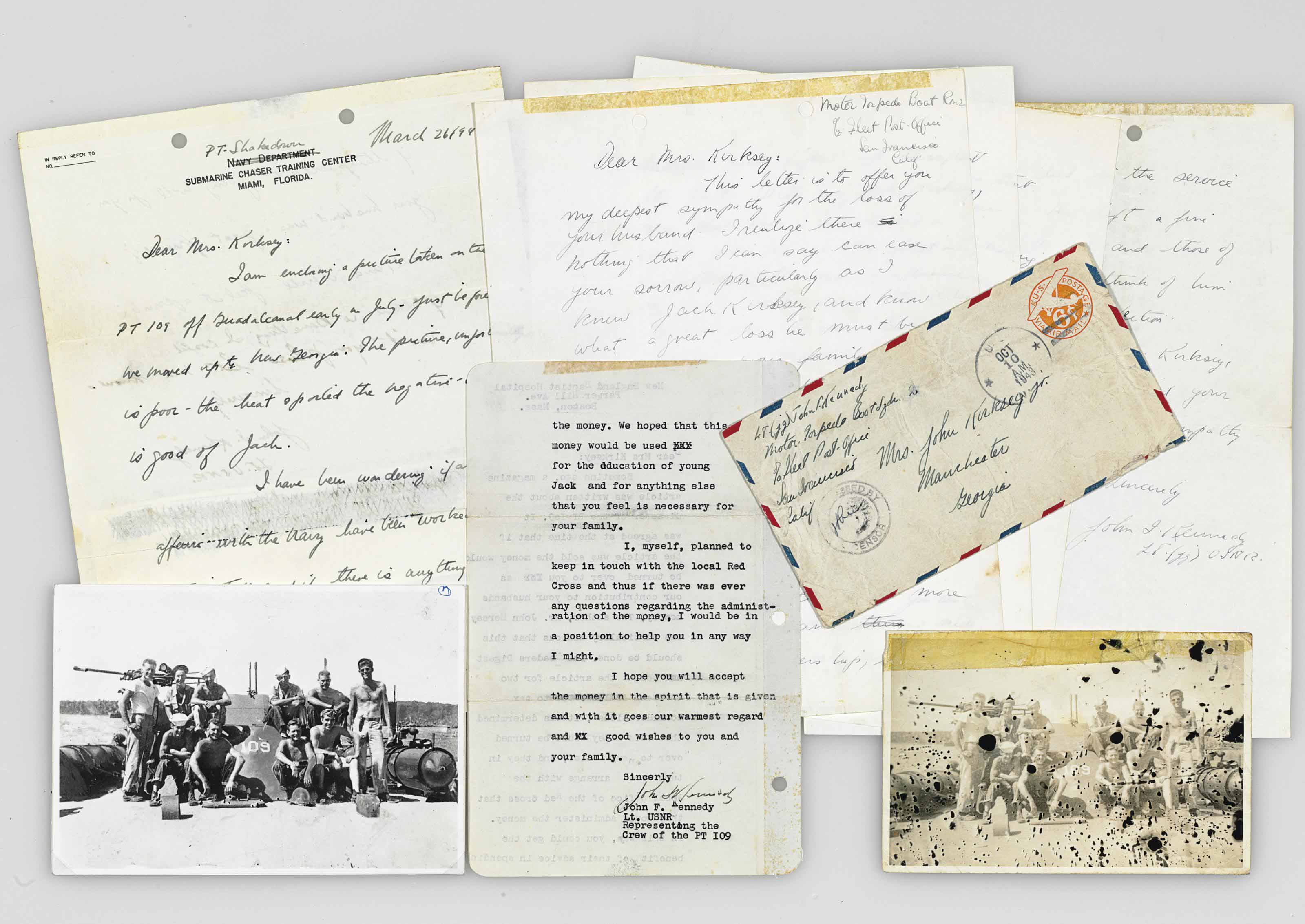 PT-109: an archive of two autograph letters signed and two typed letters signed ("John F. Kennedy") to Kloye Ann Kirksey, 1943-1961