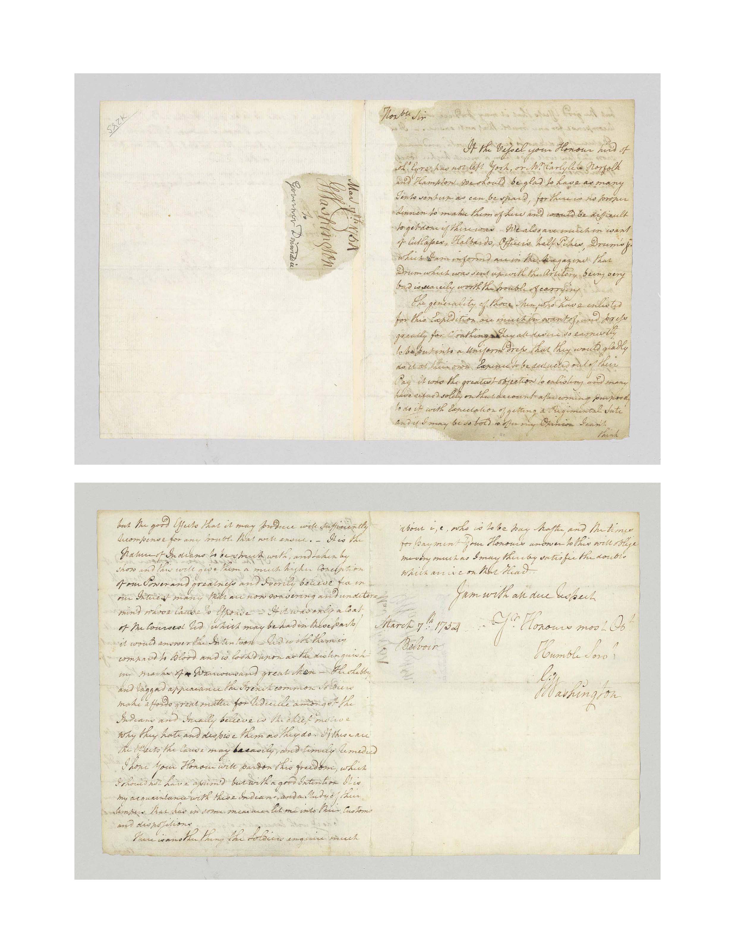 Washington, George (1732-1799), President. Autograph letter signed (“G:o Washington”) to Robert Dinwiddie (1693-1770)