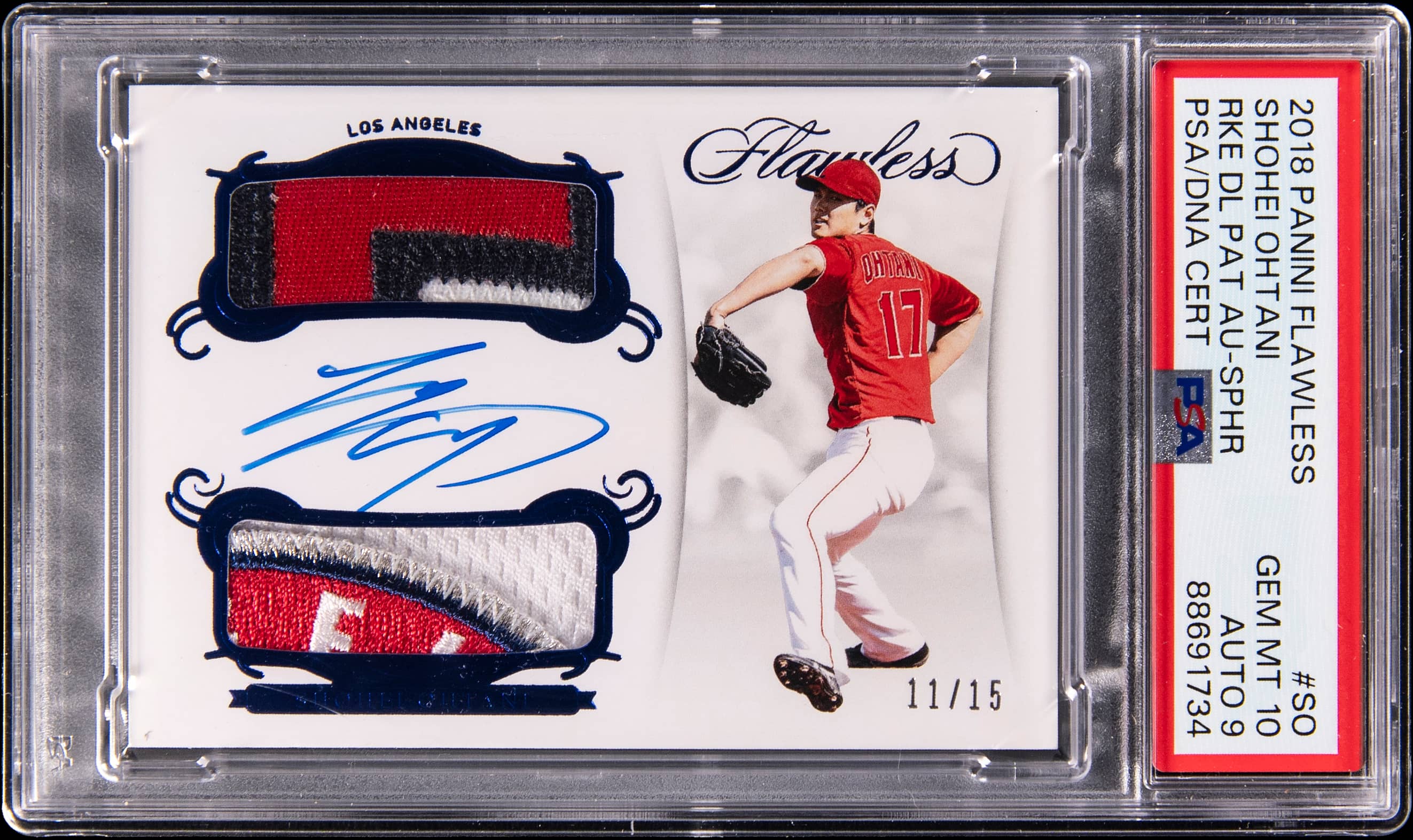2018 Panini Flawless Rookie Dual Patch Autographs Sapphire #RDP-SO Shohei Ohtani Signed Patch Rookie Card (#11/15) - PSA GEM MT 10, PSA/DNA MINT 9 - Pop 1
