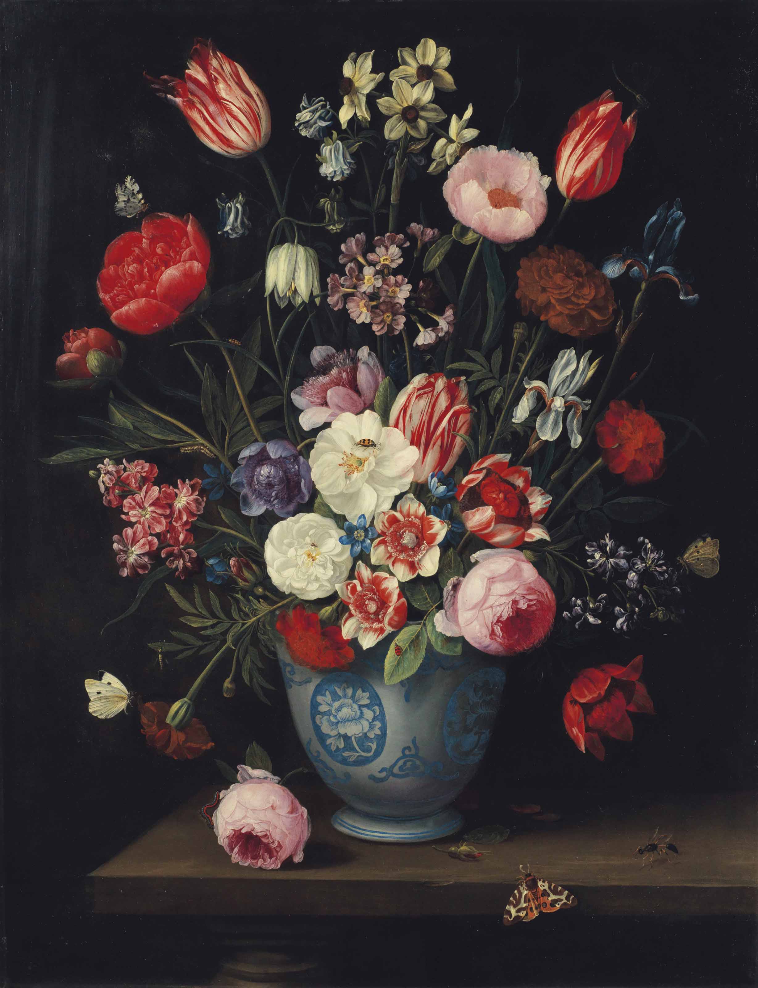Roses, tulips, carnations an iris and other flowers in a Chinese transitional blue and white jardiniere with moths and other insects on a ledge