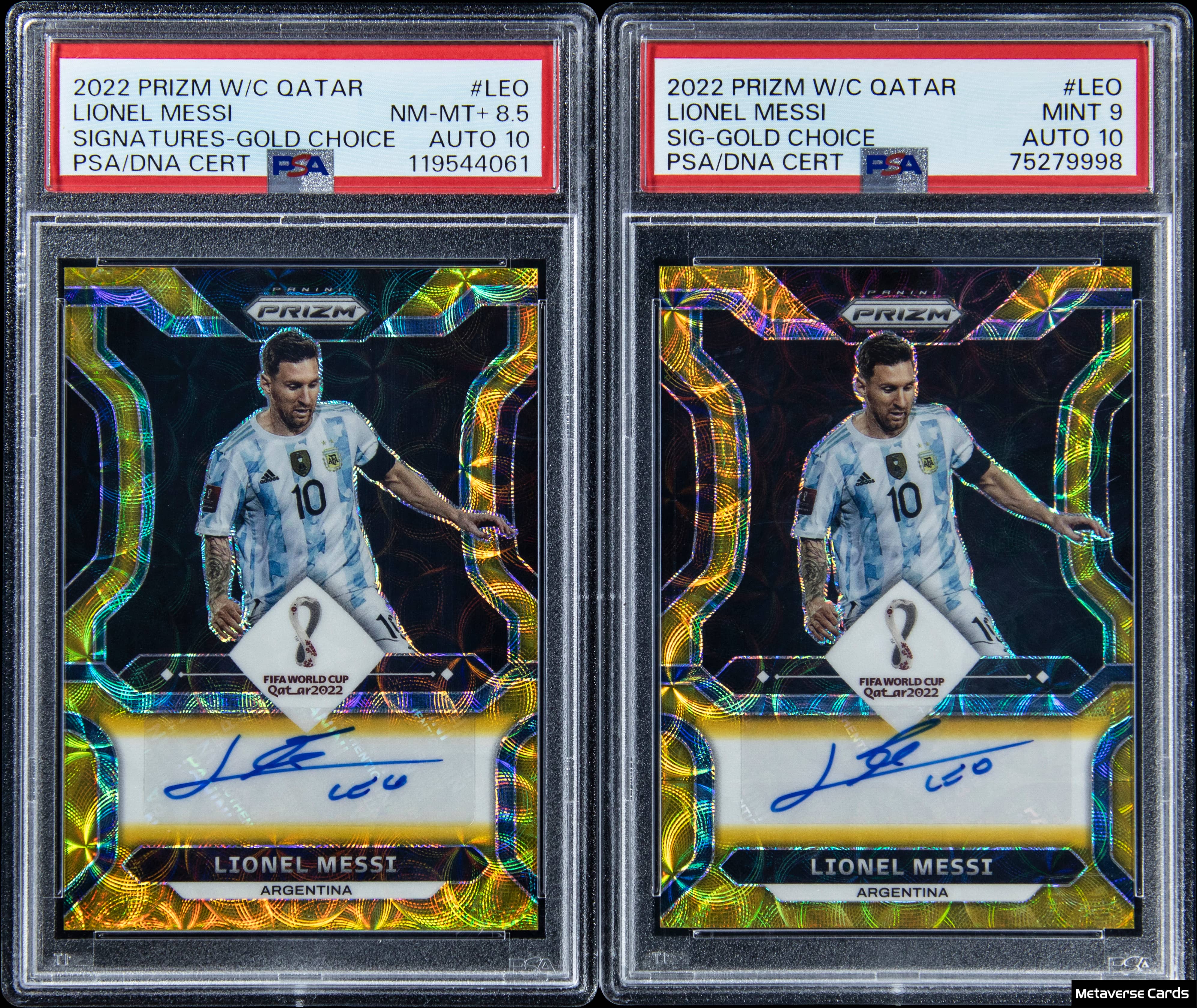 2022 Panini Prizm World Cup Qatar Signatures Gold Choice Prizm #S-LEO Lionel Messi Signed PSA-Graded Cards (#/2) Complete Print Run (2 Cards)