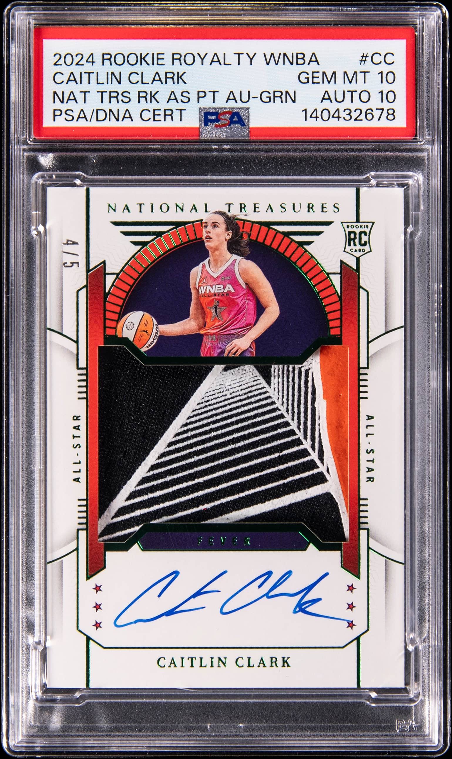 2024-25 Panini Instant Rookie Royalty WNBA National Treasures Rookie All-Star Patch Autographs Green #APA-CC Caitlin Clark Signed Patch Rookie Card (#4/5) - PSA GEM MT 10, PSA/DNA GEM MT 10 - Pop 2