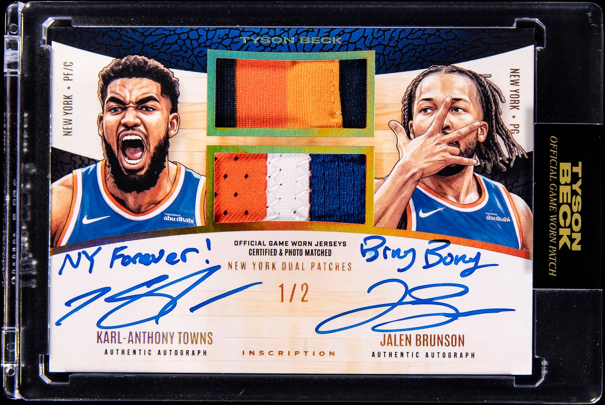 2025-26 Tyson Beck New York Dual Patches Inscription Autograph Jalen Brunson/Karl-Anthony Towns Dual-Signed, Inscribed Patch Card (#1/2) - Tyson Beck Encased - With Original Box