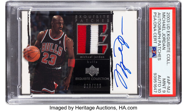 2003 Upper Deck Exquisite Collection Michael Jordan (Autograph Patches) #AP-MJ PSA 9, PSA/DNA Auto 10 - #'d 028/100 - From the Yeow Exquisite Hidden Collection