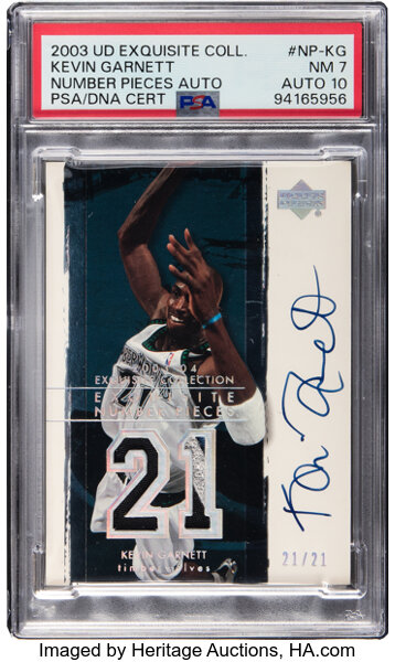 2003 Upper Deck Exquisite Collection Kevin Garnett (Number Pieces Autograph) #NP-KG PSA 7, PSA/DNA Auto 10 - #'d 21/21 - From the Yeow Exquisite Hidden Collection