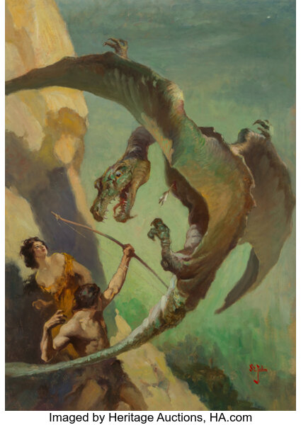 James Allen St. John (American, 1872-1957) At the Earth's Core book dust jacket, 1922 Oil on board 33 x 23.25 in. Signed lower right From the Glynn and Suzanne Crain Collection