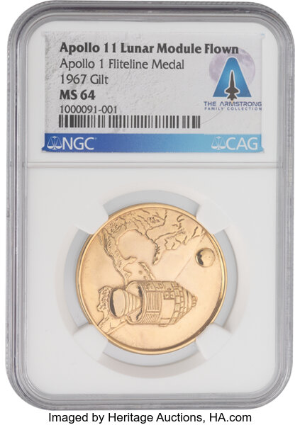 Apollo 11 Lunar Module Flown Apollo 1 MS64 NGC Gilt Fliteline Medallion Directly From The Armstrong Family Collection™, Certified and Encapsulated by Collectibles Authentication Guaranty