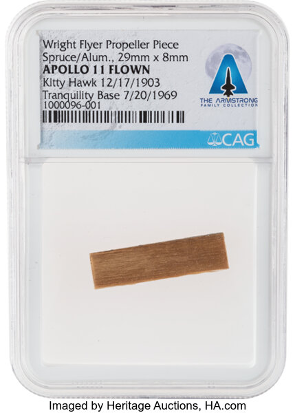 Apollo 11 Lunar Module Flown Piece of the Wright Flyer's Propeller, Flown as Part of the First Successful Powered Flight in History at Kitty Hawk in 1903 as well as the First Manned Lunar Landing in 1969, Directly From The Armstrong Family Collection™, Certified and Encapsulated by Collectibles Authentication Guaranty