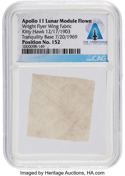 Apollo 11 Lunar Module Flown Section of the Wright Flyer's Wing Fabric, Position #152, Flown as Part of the First Successful Powered Controlled Flight in History at Kitty Hawk in 1903 as well as the First Manned Lunar Landing in 1969, Directly from The Armstrong Family Collection™, CAG Certified