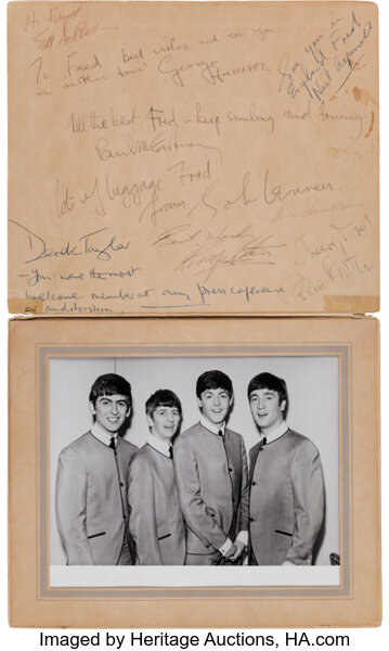 The Beatles, Ed Sullivan, and Brian Epstein- Signatures from their Historic First American Appearance on the Ed Sullivan Show, February 9, 1964