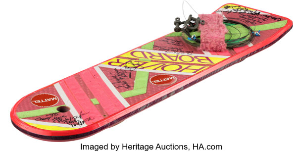 Back to the Future Part II (Universal, 1989), Screen Used Hero "Flying" Wire-Rig Lenticular Hoverboard and Harnesses used by Michael J. Fox as "Marty McFly" and his Stunt Double Charlie Croughwell. (Total: 3 Items)