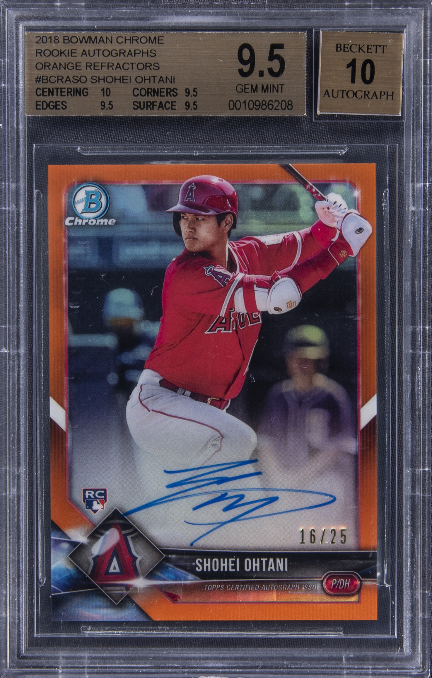 2018 Bowman Chrome Rookie Autographs Orange Refractor (Batting) #BCRA-SO Shohei Ohtani Signed Rookie Card (#16/25) - BGS 9.5/BGS 10 - GEM+