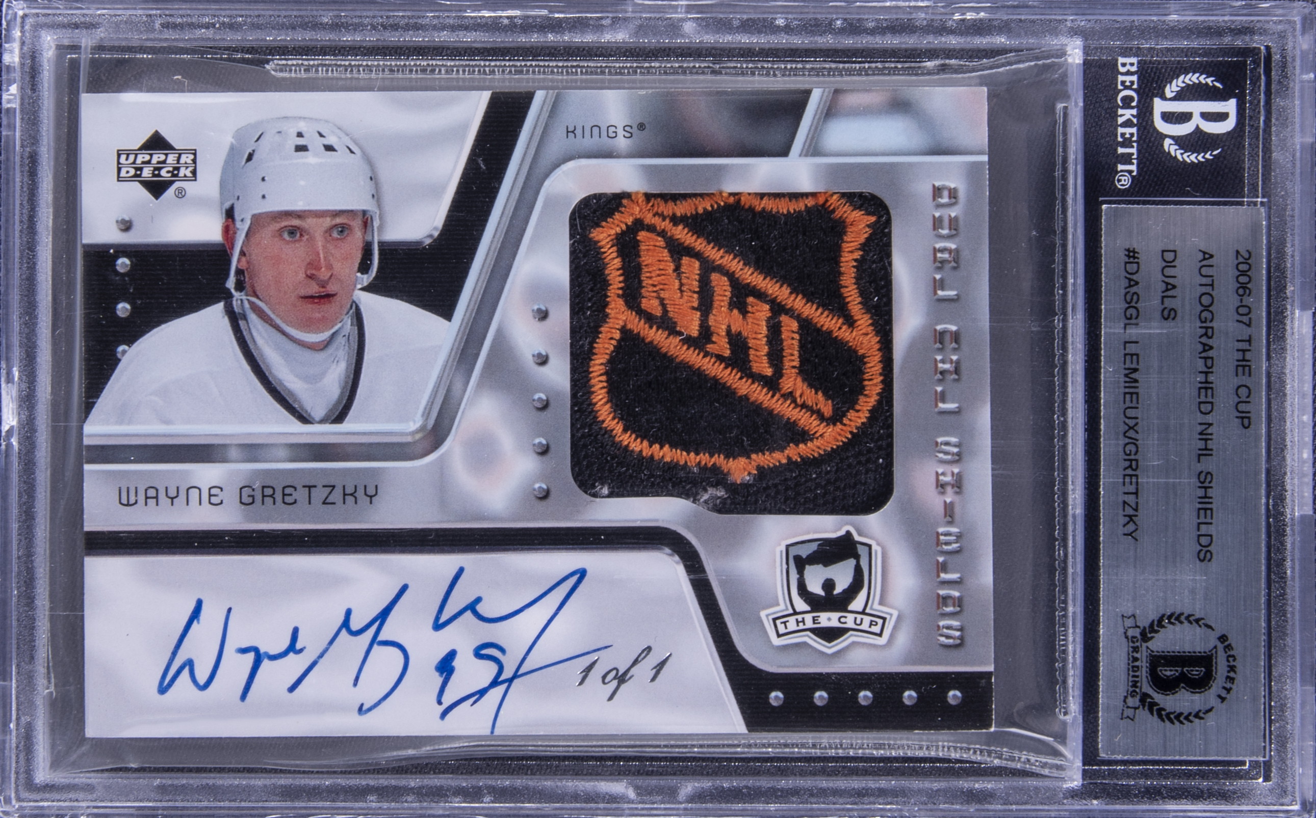 2006-07 UD The Cup "Dual NHL Shields Autographed" #DASGL Wayne Gretzky/Mario Lemieux Dual Signed NHL Shield Game Used Patch Card (#1/1) - BGS Authentic