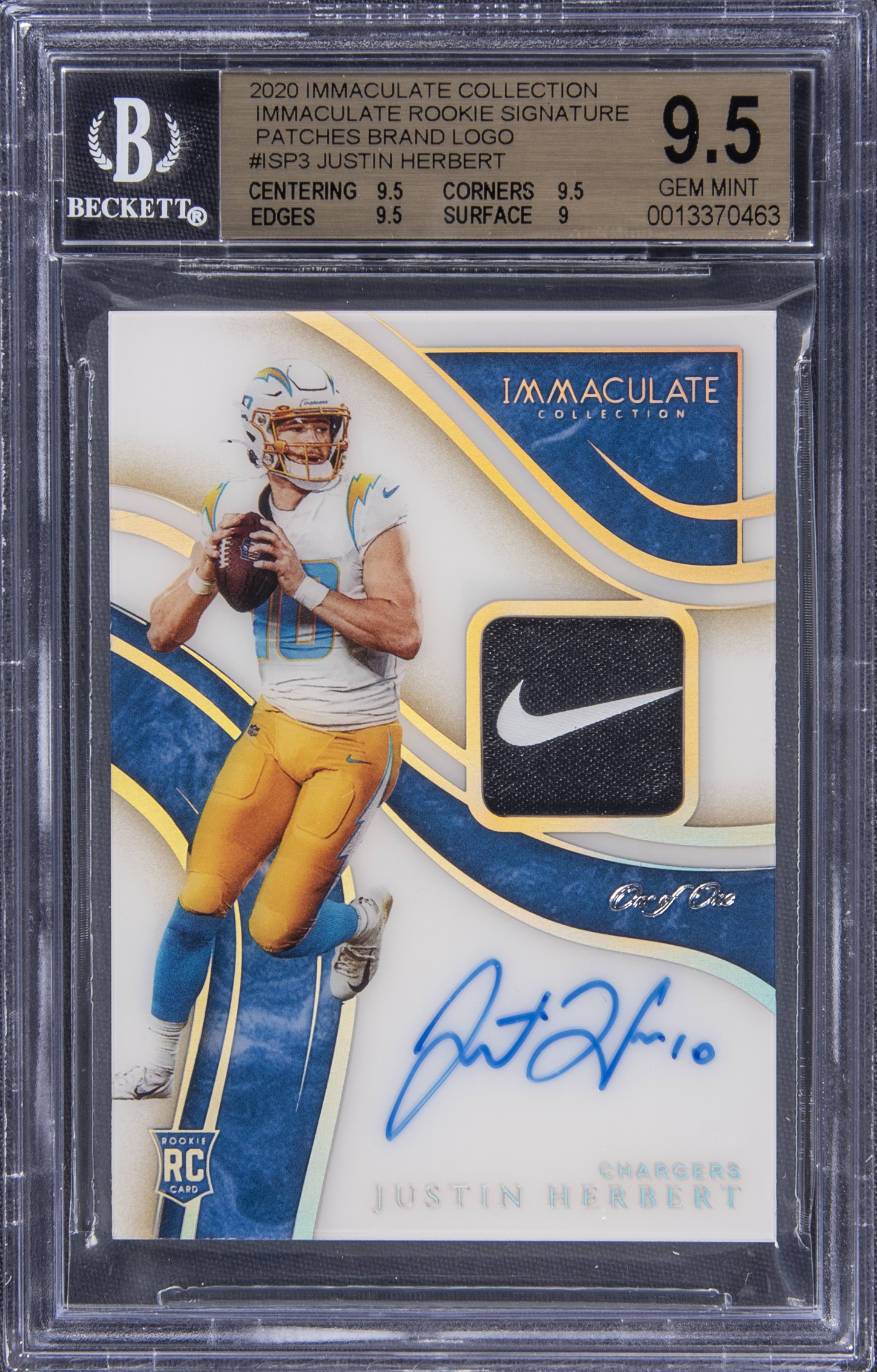 2020 Panini Immaculate Collection "Immaculate Rookie Signature" #ISP3 Justin Herbert Signed Rookie Jersey Logo Patch Card (#1/1) - BGS 9.5/BGS 10