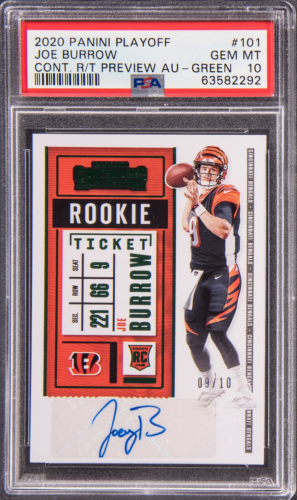 2020 Panini Playoff Contenders Rookie Ticket Preview Autographs Green #101 Joe Burrow Signed Rookie Card (#09/10) - Burrow's Jersey Number - PSA 10