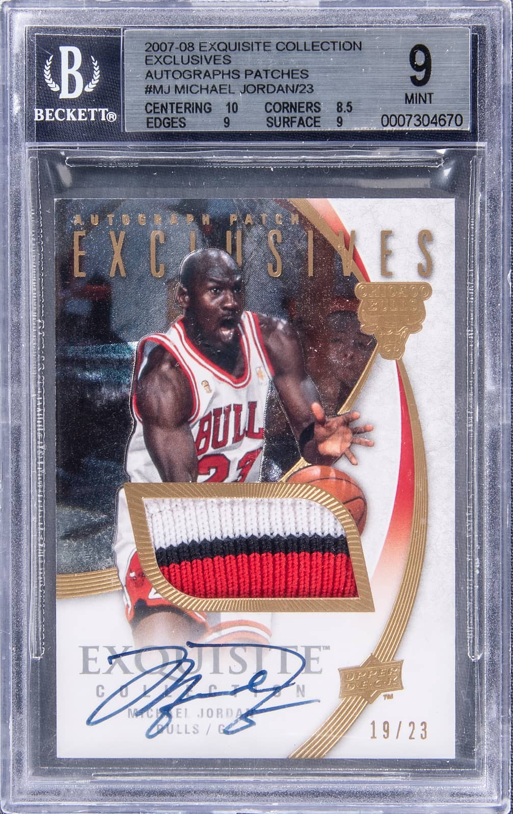 2007-08 Upper Deck Exquisite Collection Autograph Patch Exclusives #MJ Michael Jordan Signed Game-Used Patch Card (#19/23) - BGS 9/BGS 10