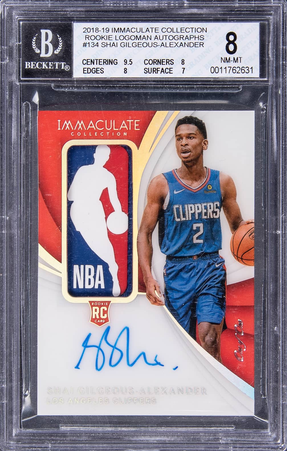 2018-19 Panini Immaculate Collection Rookie Logoman Autographs #134 Shai Gilgeous-Alexander Signed Logoman Patch Rookie Card (#1/1) - BGS 8/BGS 10