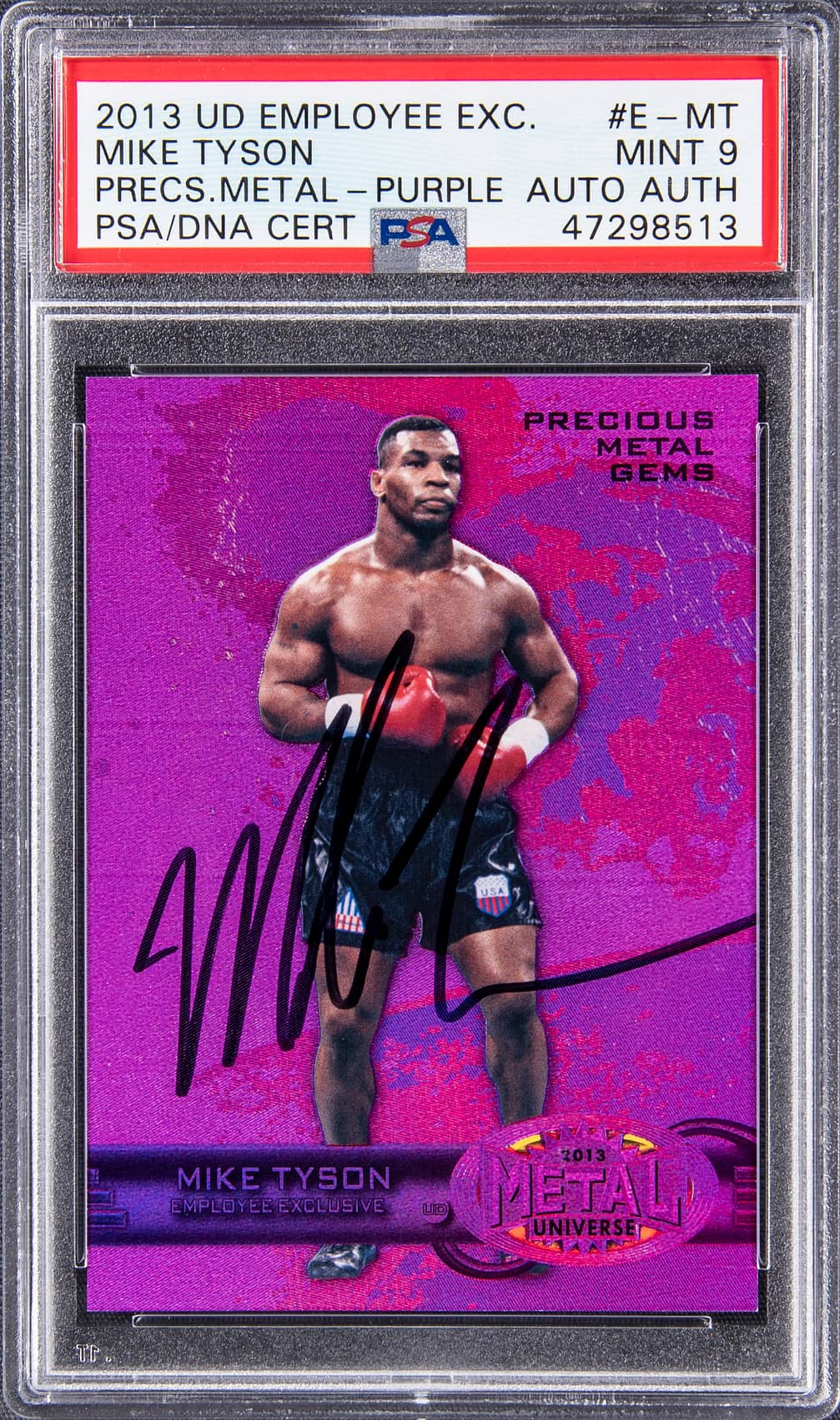 2013 Upper Deck Employee Exclusive Precious Metal Gems (PMG) Purple #E-MT Mike Tyson Signed Card (#098/125) - PSA 9, PSA/DNA Certified, Steiner