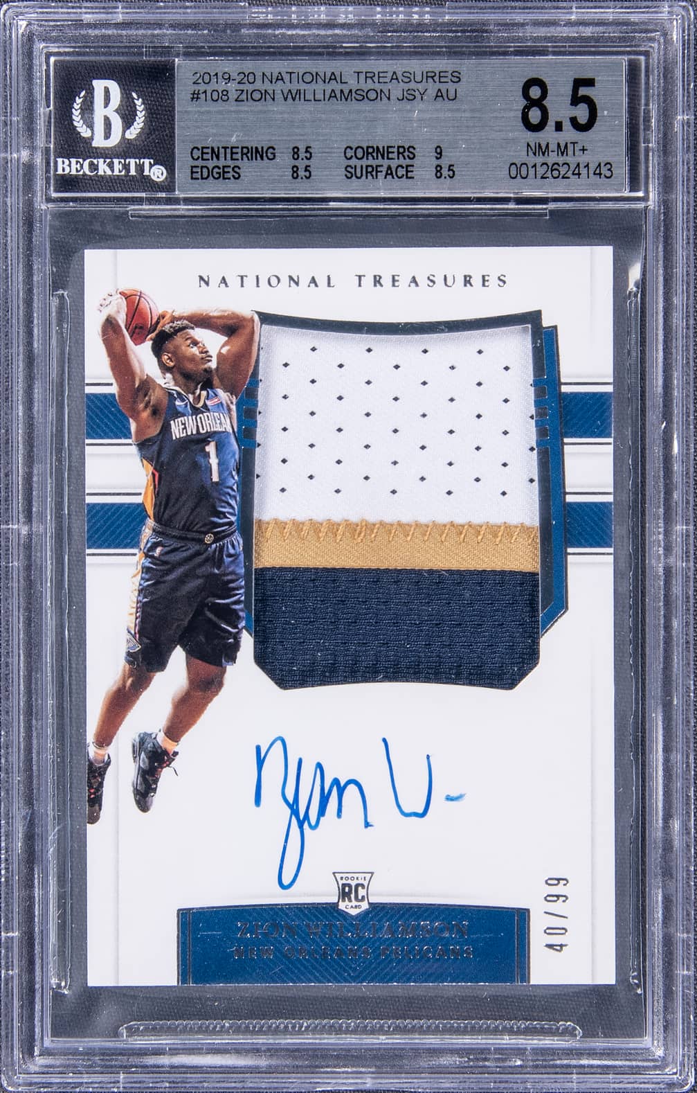 2019-20 Panini National Treasures Rookie Patch Autograph (RPA) #108 Zion Williamson Signed Patch Rookie Card (#40/99) - BGS 8.5, Beckett 10