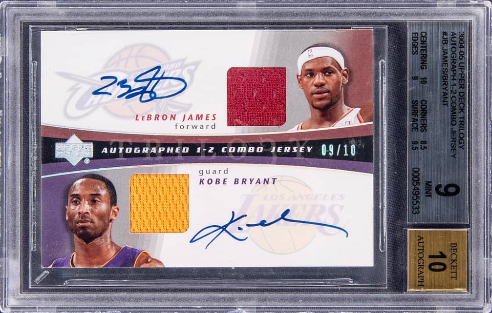 2004-05 Upper Deck Trilogy Autograph 1-2 Combo Jersey #AUJ-JB LeBron James/Kobe Bryant Dual-Signed Game-Used Jersey Card (#09/10) - BGS 9/Beckett 10