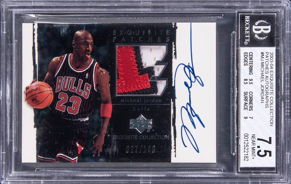 2003-04 Upper Deck Exquisite Collection Patches Autographs #AP-MJ Michael Jordan Signed Game-Used Patch Card (#027/100) - BGS Near Mint+ 7.5/Beckett 9
