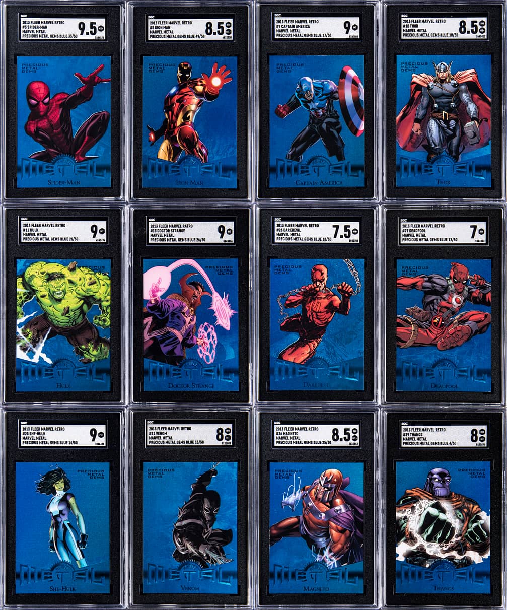 2013 Fleer Marvel Retro Precious Metal Gems (PMG) Blue (#/50) SGC-Graded Complete Set (42) - Featuring SGC MT+ 9.5 Spider-Man, 20 SGC MT 9 Examples