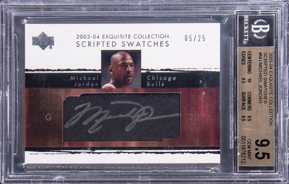 2003-04 Upper Deck Exquisite Collection Scripted Swatches #SS-MJ Michael Jordan Signed Game-Used Jersey Card (#05/25) - BGS 9.5/Beckett 10 - Gem+