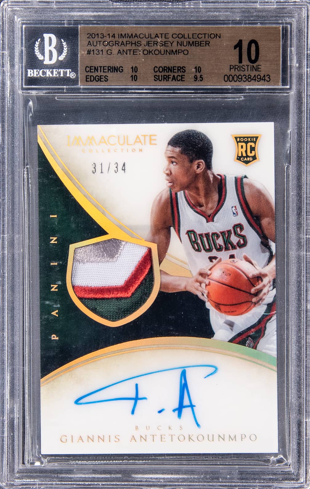 2013-14 Panini Immaculate Collection Autographs Jersey Number #131 Giannis Antetokounmpo Signed Patch Rookie Card (#31/34) -BGS 10/Beckett 10
