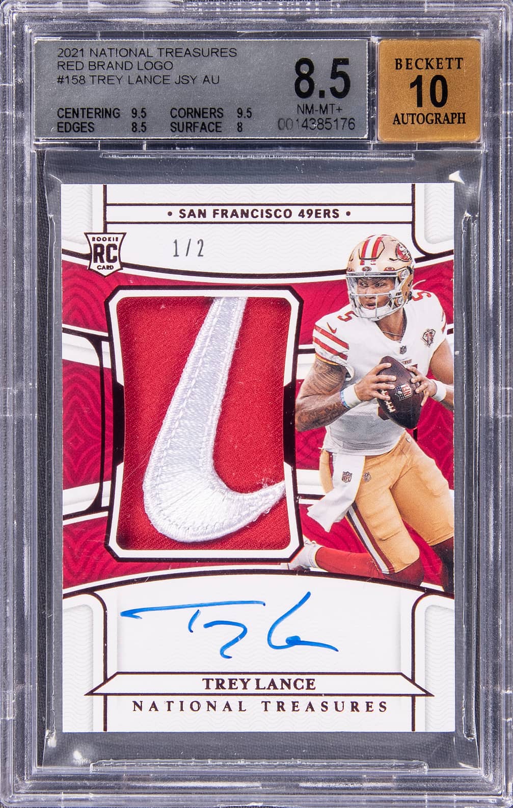 2021 Panini National Treasures Rookie Patch Autograph (RPA) Red Brand Logo #158 Trey Lance Signed Patch Rookie Card (#1/2) - BGS 8.5/Beckett 10