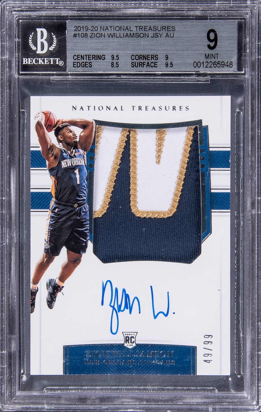 2019-20 Panini National Treasures Rookie Patch Autograph (RPA) #108 Zion Williamson Signed Patch Rookie Card (#49/99) - BGS 9, Beckett 10