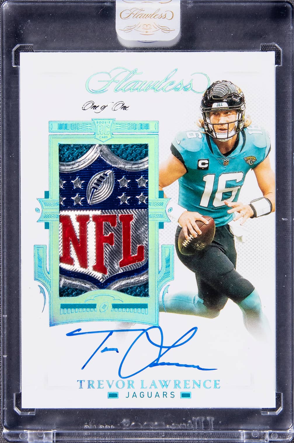 2021 Panini Flawless Rookie Patch Autograph (RPA) Platinum NFL Shield #RPA-TLA Trevor Lawrence Signed Patch Rookie Card (#1/1) - Panini Encased
