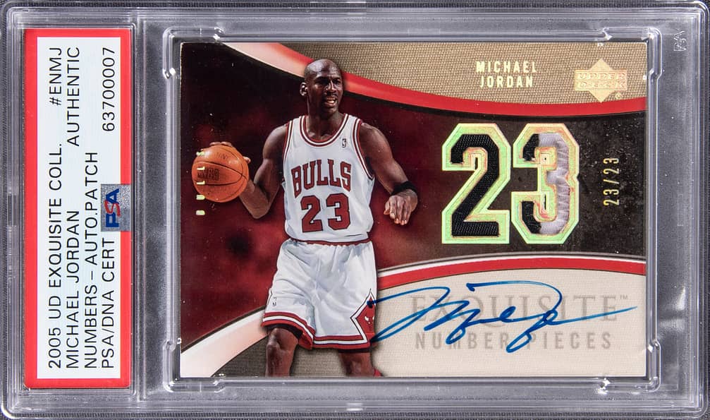 2005-06 Upper Deck Exquisite Collection Numbers Autograph Patch #EN-MJ Michael Jordan Signed Game-Used Patch Card (#23/23) - Jersey Number - PSA Authentic