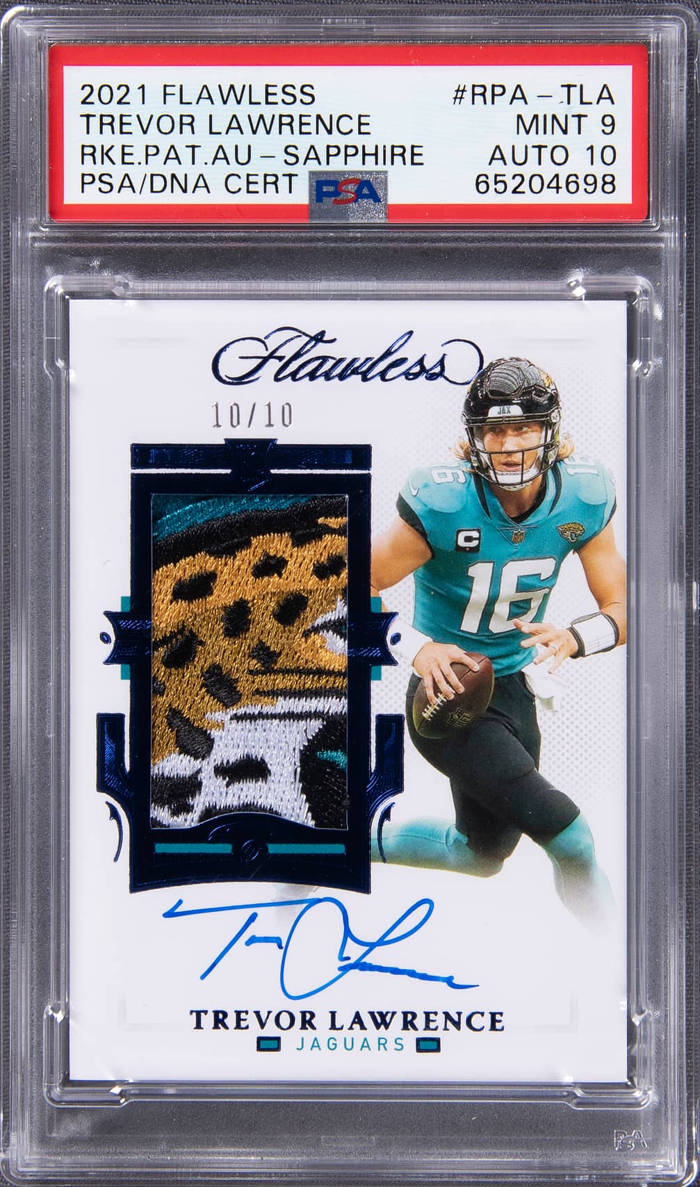 2021 Panini Flawless Rookie Patch Autograph (RPA) Sapphire #RPA-TLA Trevor Lawrence Signed Patch Rookie Card (#10/10) - PSA 9, PSA/DNA 10