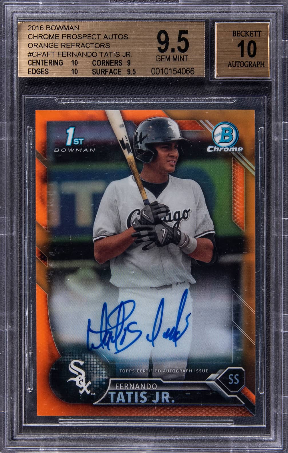 2016 Bowman Chrome Prospect Autographs Orange Refractor #CPA-FT Fernando Tatis Jr. Signed Rookie Card (#23/25) - Jersey Number - BGS 9.5, Beckett 10